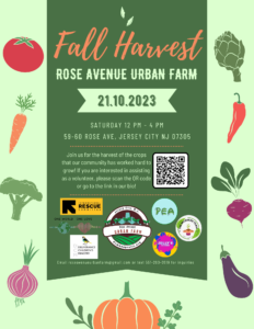 Green flyer with vegetables all around, promoting RAUF's Fall Harvest and its partnering organizations.
