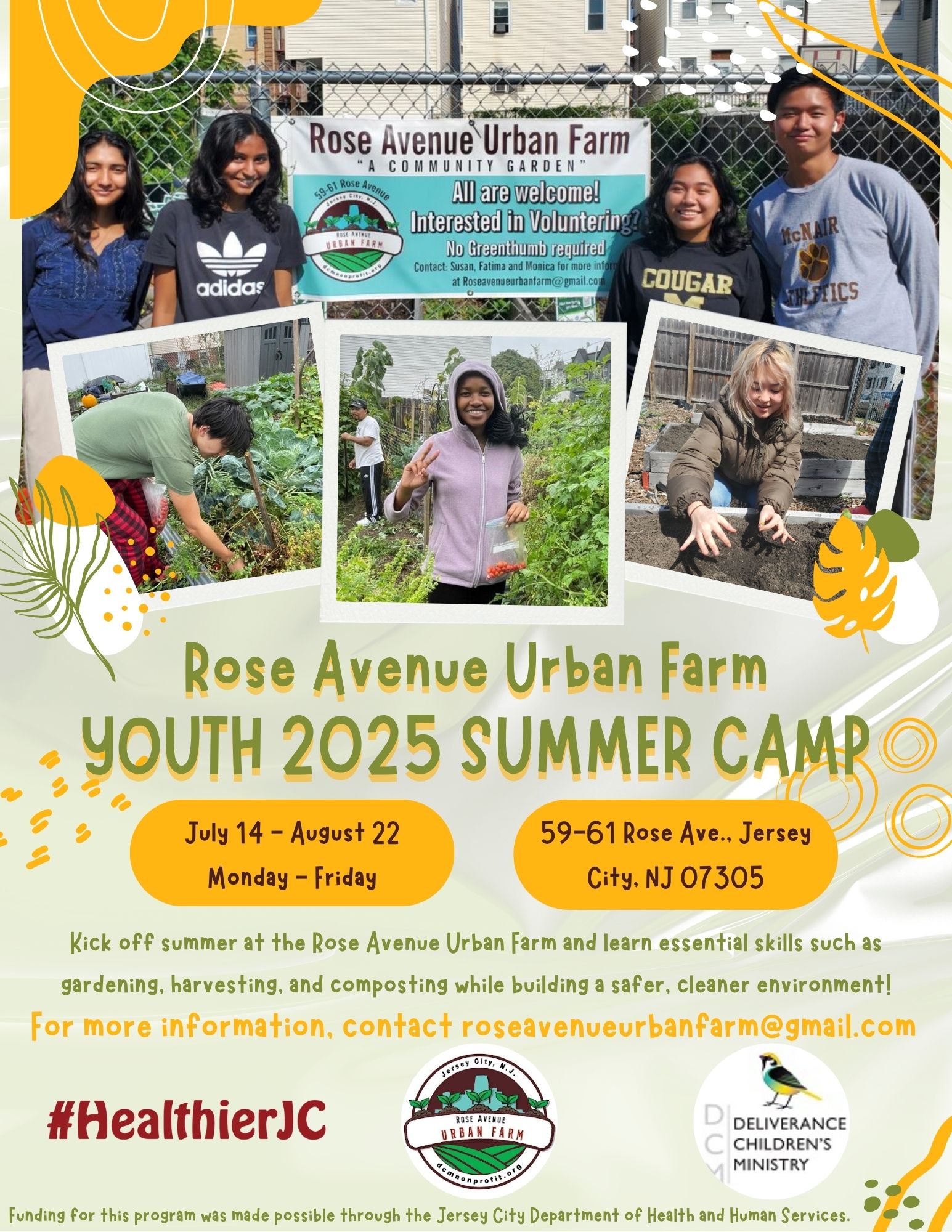 Flyer for Youth 2025 Summer Camp, containing photos of children smiling while gardening.